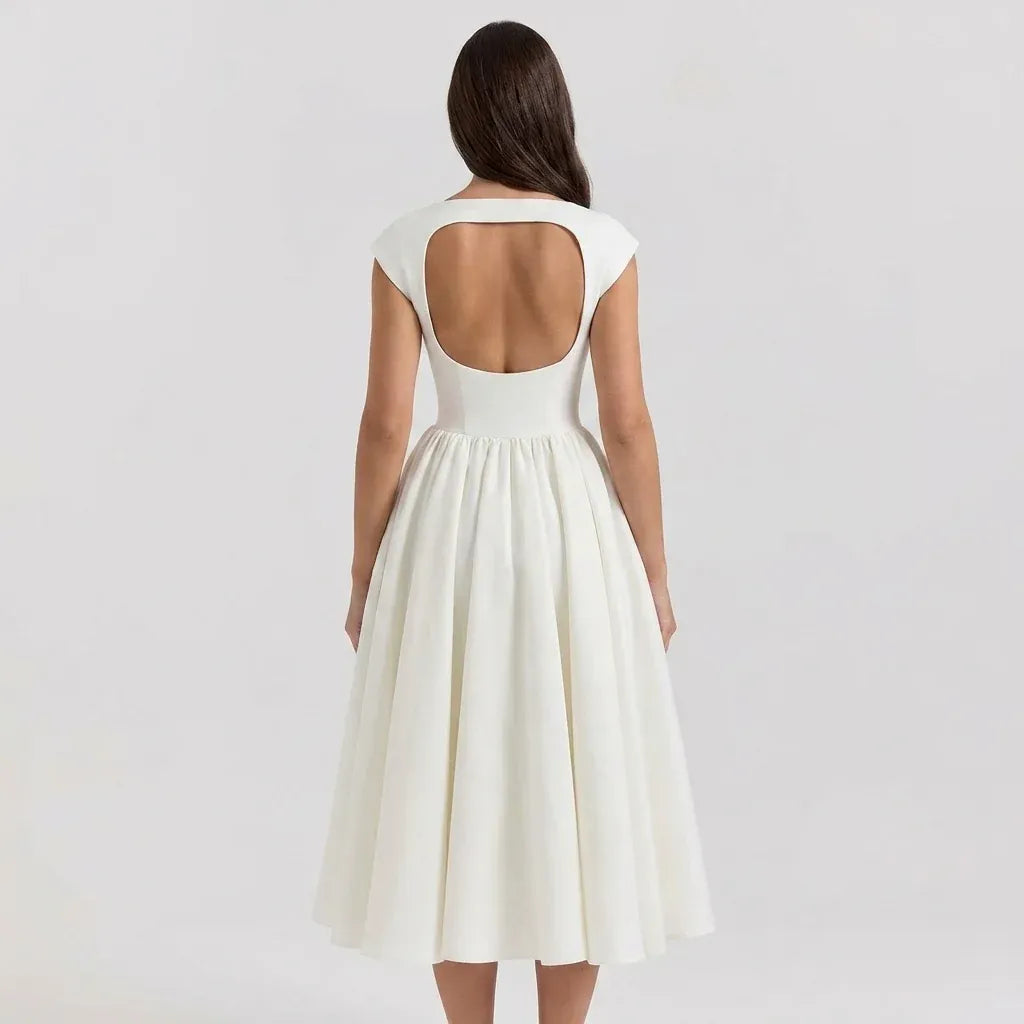 Women's Elegant Formal Midi Wedding Guest Dress with Cap Sleeves