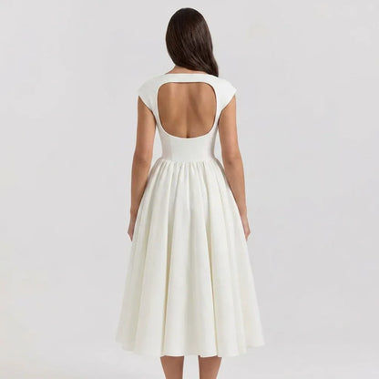 Women's Elegant Formal Midi Wedding Guest Dress with Cap Sleeves