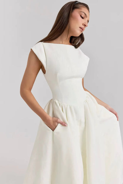 Women's Elegant Formal Midi Wedding Guest Dress with Cap Sleeves