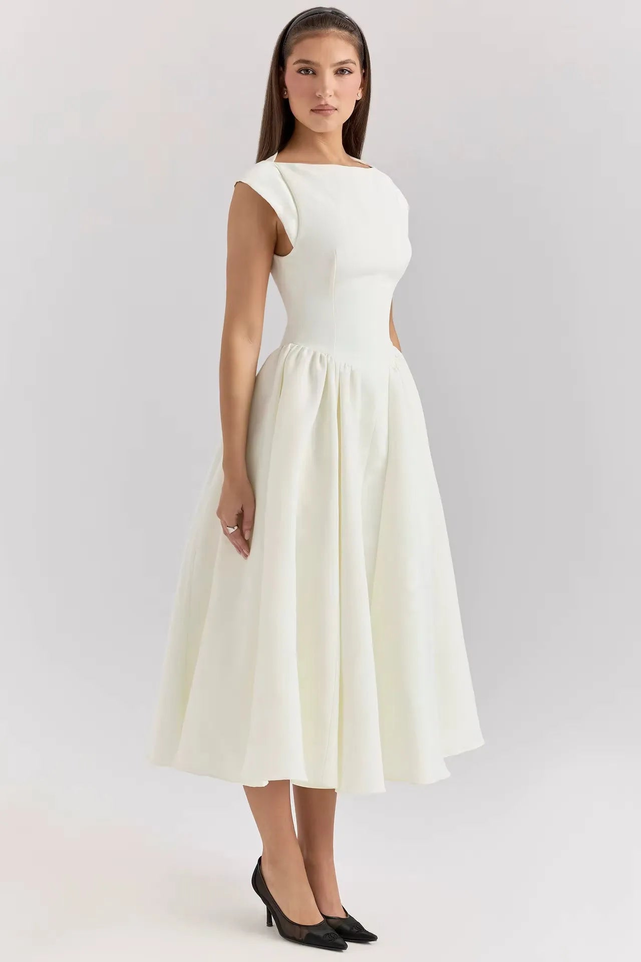 Women's Elegant Formal Midi Wedding Guest Dress with Cap Sleeves