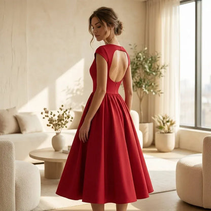 Women's Elegant Formal Midi Wedding Guest Dress with Cap Sleeves
