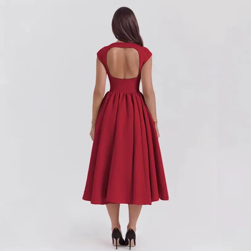 Women's Elegant Formal Midi Wedding Guest Dress with Cap Sleeves