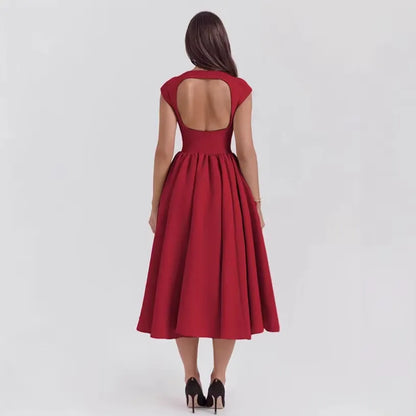 Women's Elegant Formal Midi Wedding Guest Dress with Cap Sleeves