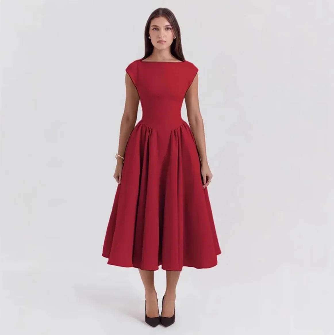 Women's Elegant Formal Midi Wedding Guest Dress with Cap Sleeves