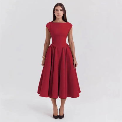Women's Elegant Formal Midi Wedding Guest Dress with Cap Sleeves