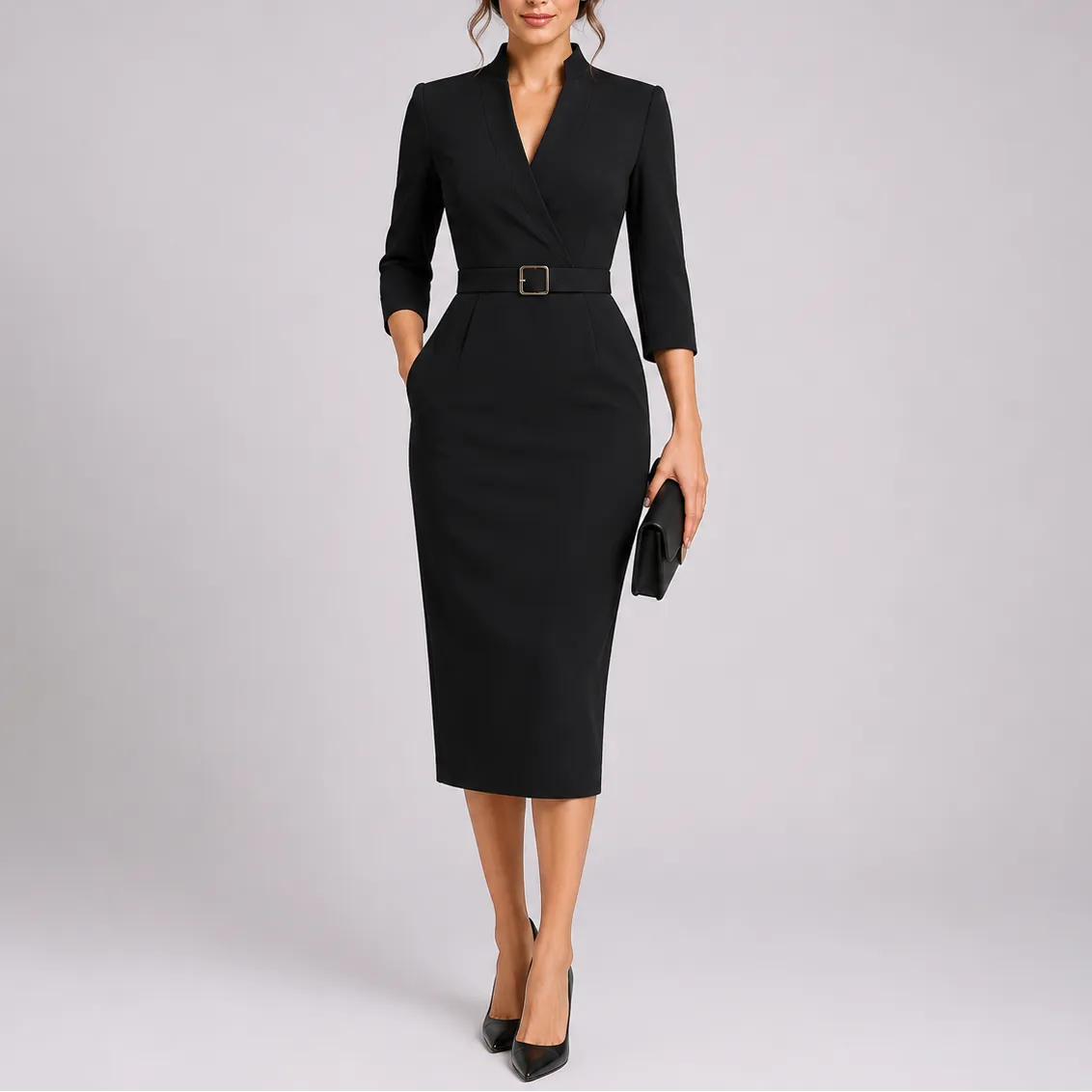 Women's Elegant Formal Midi Wedding Guest Dress with V-Neck