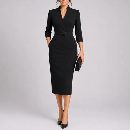 Women's Elegant Formal Midi Wedding Guest Dress with V-Neck