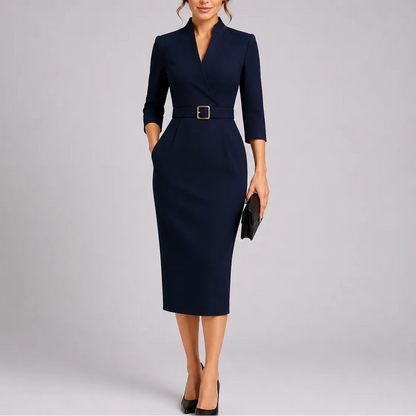 Women's Elegant Formal Midi Wedding Guest Dress with V-Neck