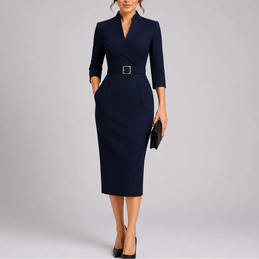 Women's Elegant Formal Midi Wedding Guest Dress with V-Neck