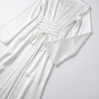 Women's Elegant Long Sleeve Maxi Wedding Guest Dress with Bell Sleeve