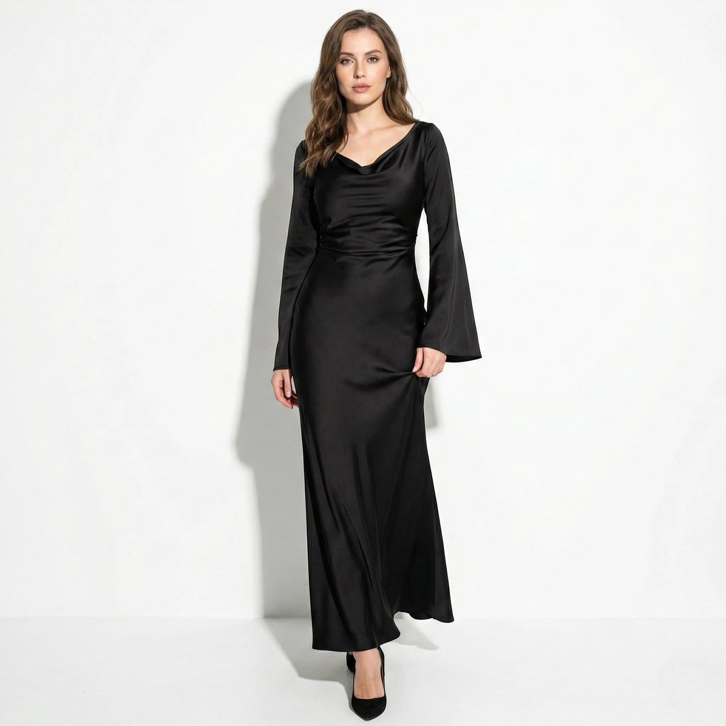 Women's Elegant Long Sleeve Maxi Wedding Guest Dress with Bell Sleeve