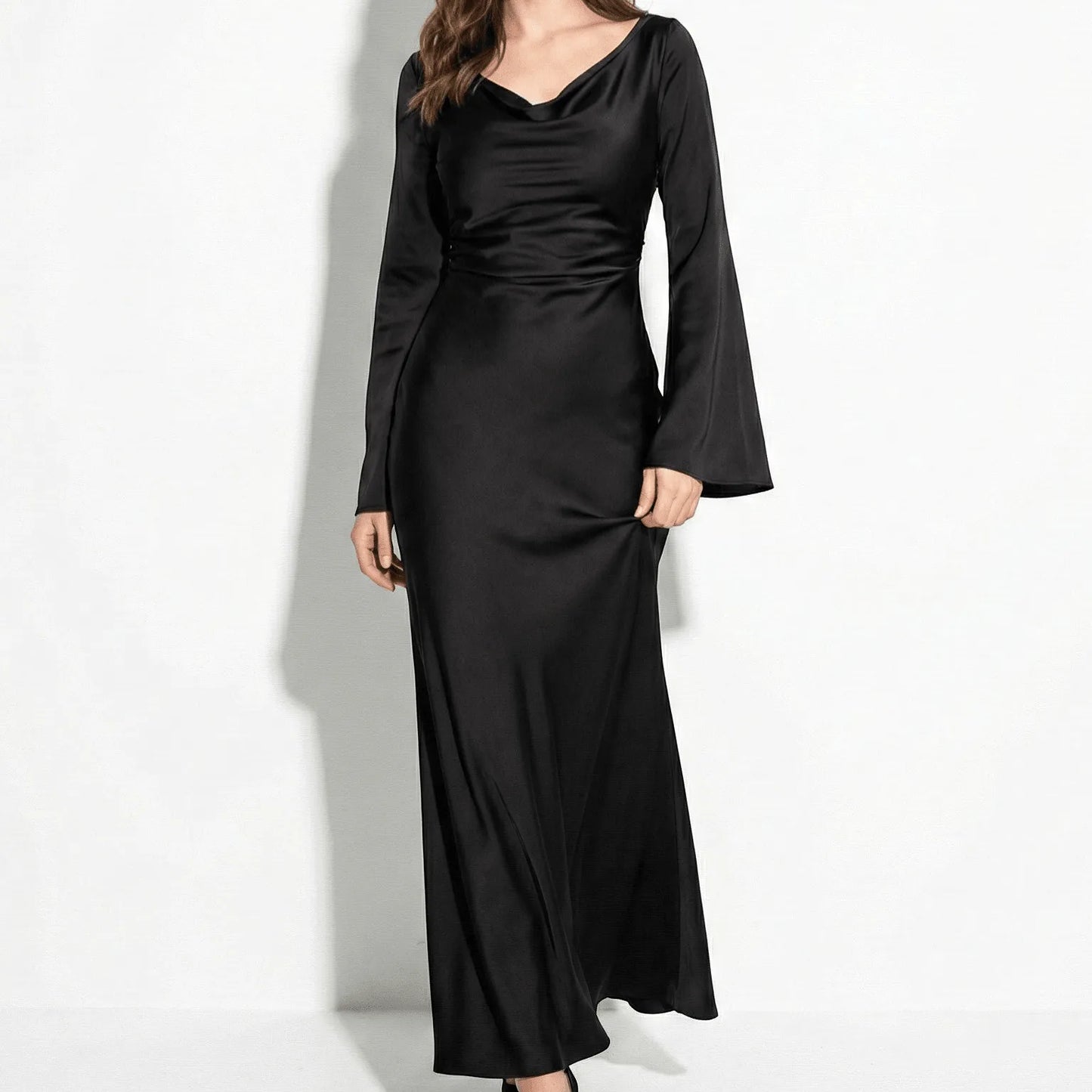 Women's Elegant Long Sleeve Maxi Wedding Guest Dress with Bell Sleeve