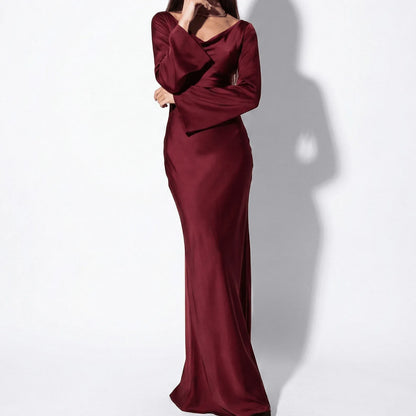 Women's Elegant Long Sleeve Maxi Wedding Guest Dress with Bell Sleeve