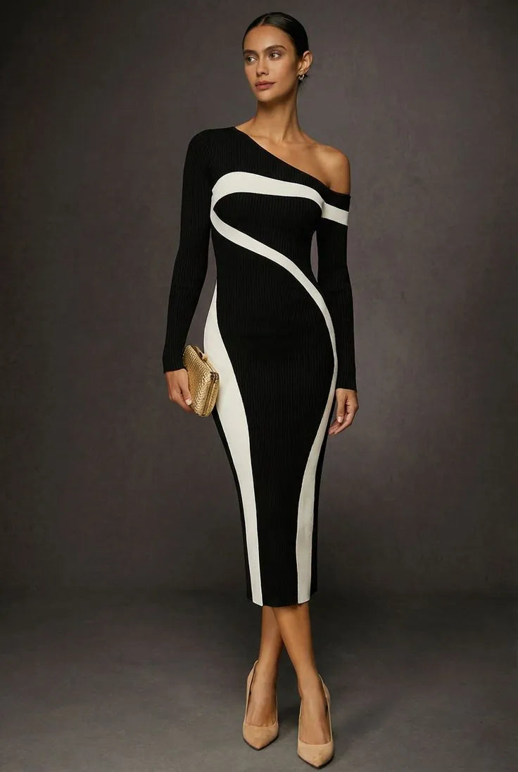 Women’s Elegant Long Sleeve Maxi Wedding Guest Dress with Contrast Detail