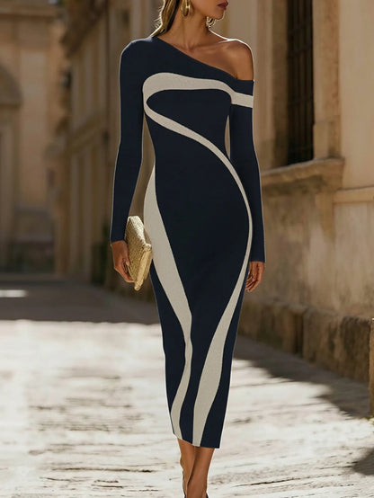 Women’s Elegant Long Sleeve Maxi Wedding Guest Dress with Contrast Detail