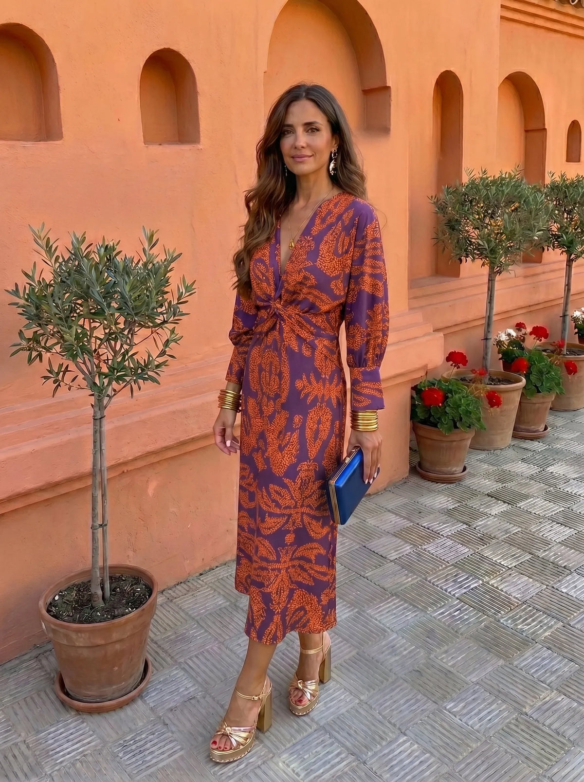 Women’s Elegant Long Sleeve Maxi Wedding Guest Dress with V-Neck