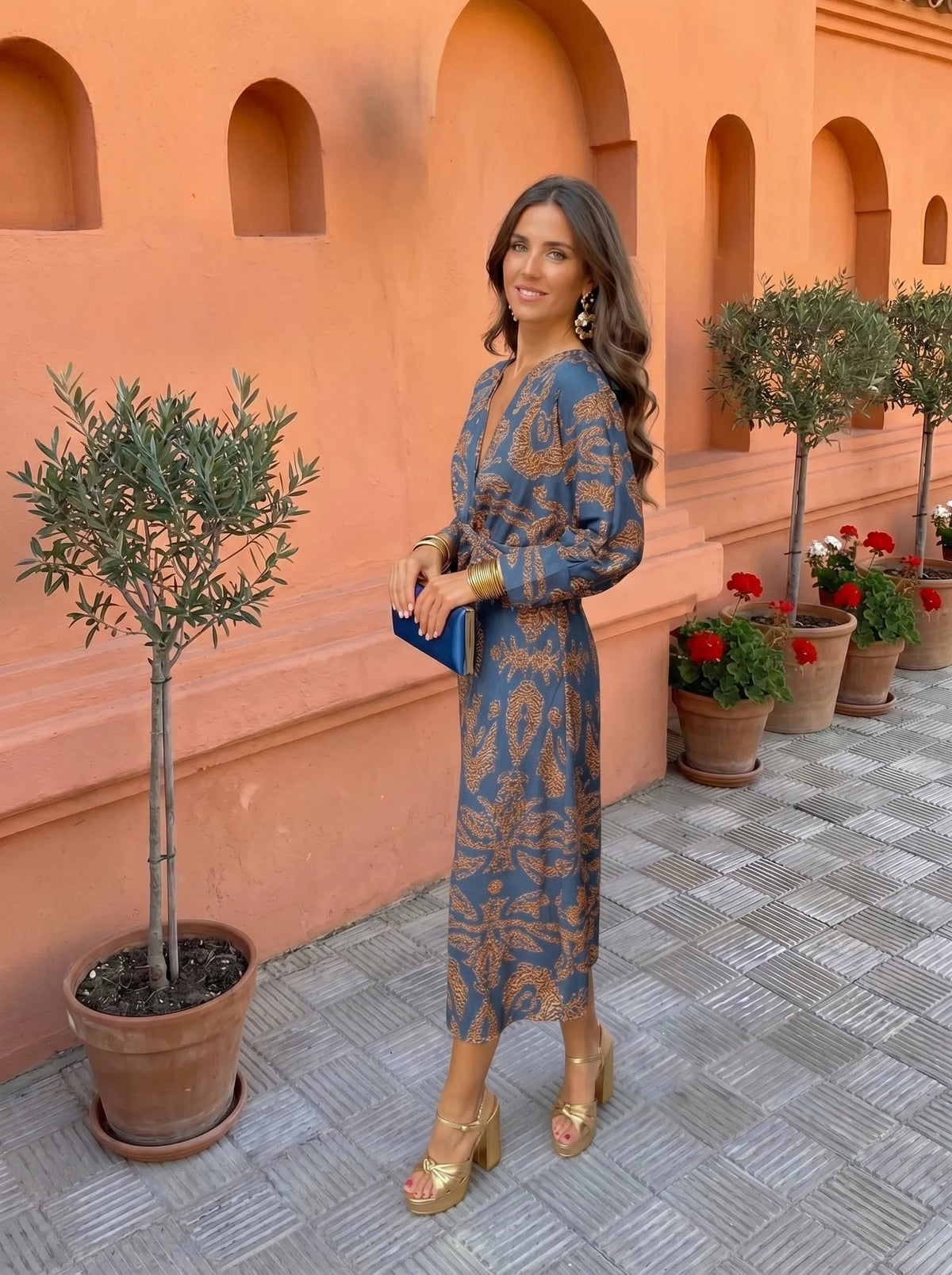 Women’s Elegant Long Sleeve Maxi Wedding Guest Dress with V-Neck
