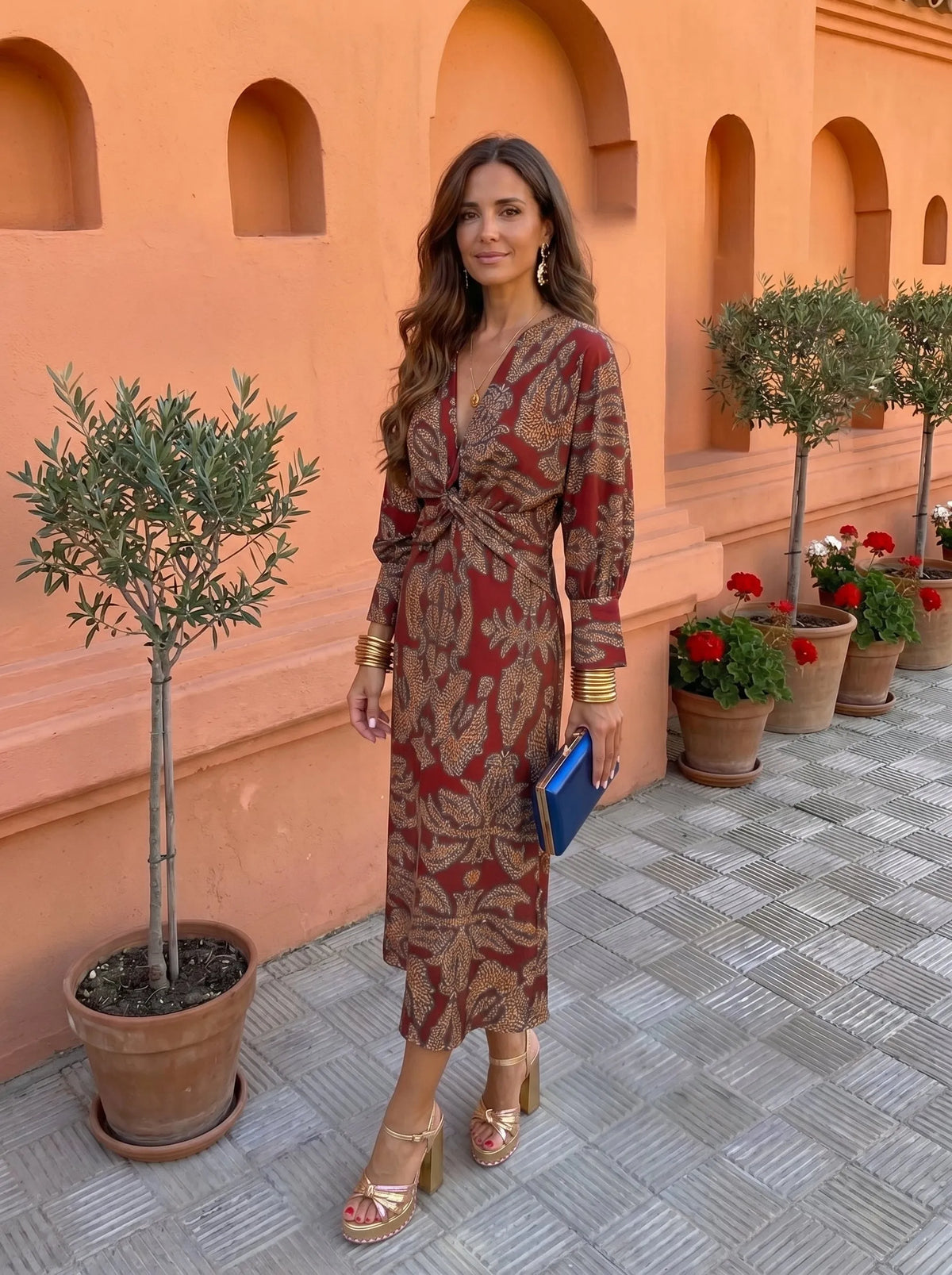 Women’s Elegant Long Sleeve Maxi Wedding Guest Dress with V-Neck