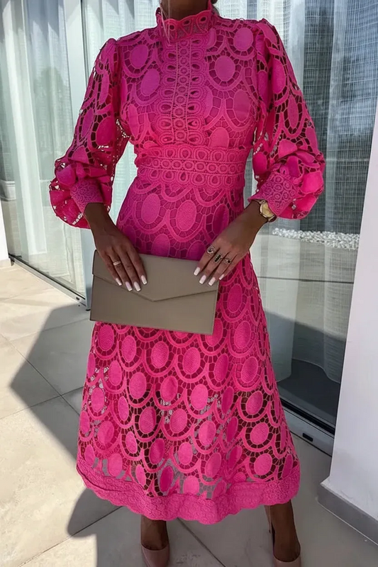 Women's Elegant Long Sleeve Midi Wedding Guest Dress with High Neck