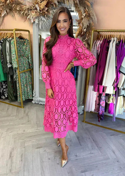 Women's Elegant Long Sleeve Midi Wedding Guest Dress with High Neck