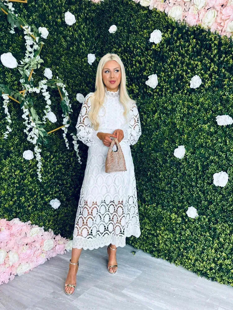 Women's Elegant Long Sleeve Midi Wedding Guest Dress with High Neck