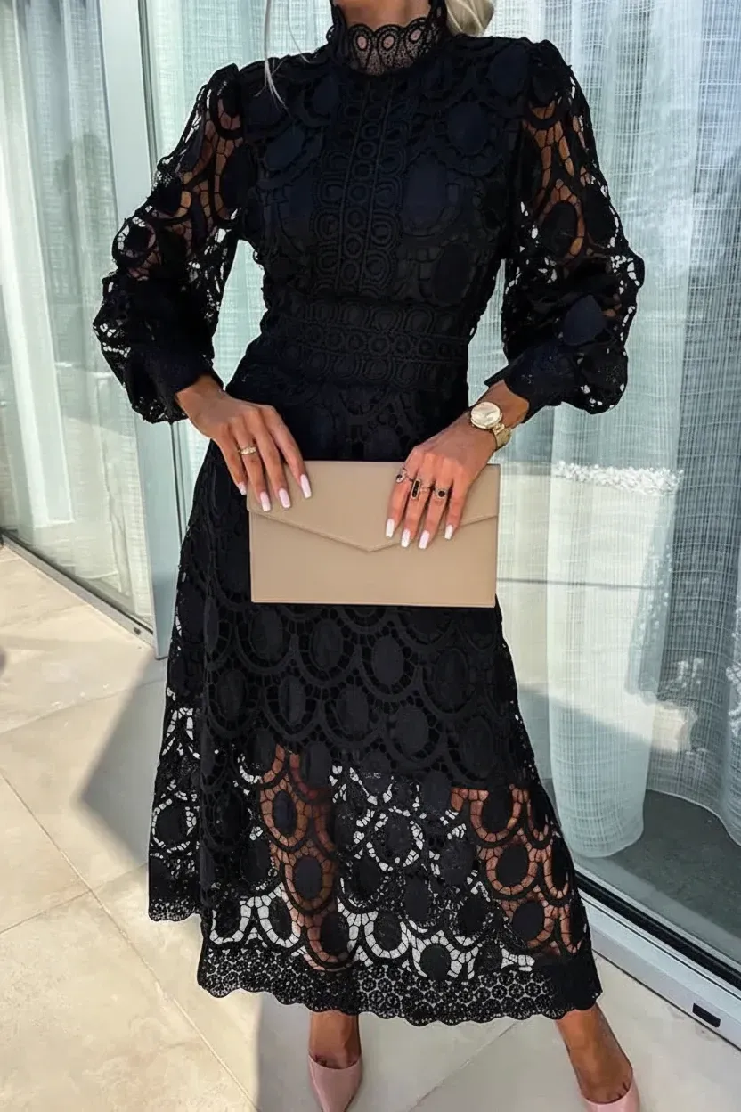 Women's Elegant Long Sleeve Midi Wedding Guest Dress with High Neck