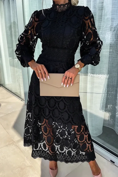 Women's Elegant Long Sleeve Midi Wedding Guest Dress with High Neck