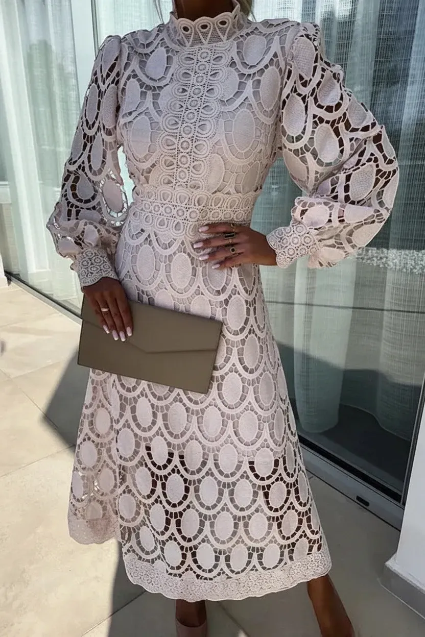Women's Elegant Long Sleeve Midi Wedding Guest Dress with High Neck