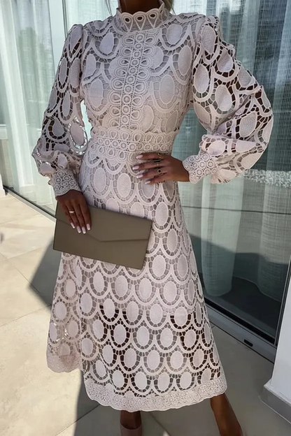 Women's Elegant Long Sleeve Midi Wedding Guest Dress with High Neck
