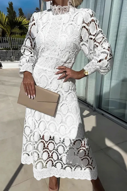 Women's Elegant Long Sleeve Midi Wedding Guest Dress with High Neck