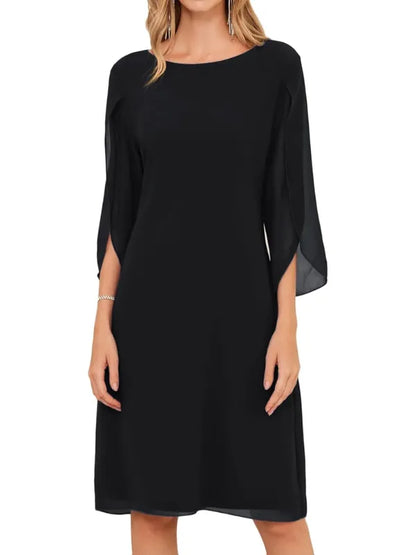 Women's Elegant Long Sleeve Midi Wedding Guest Dress with Scoop Neck