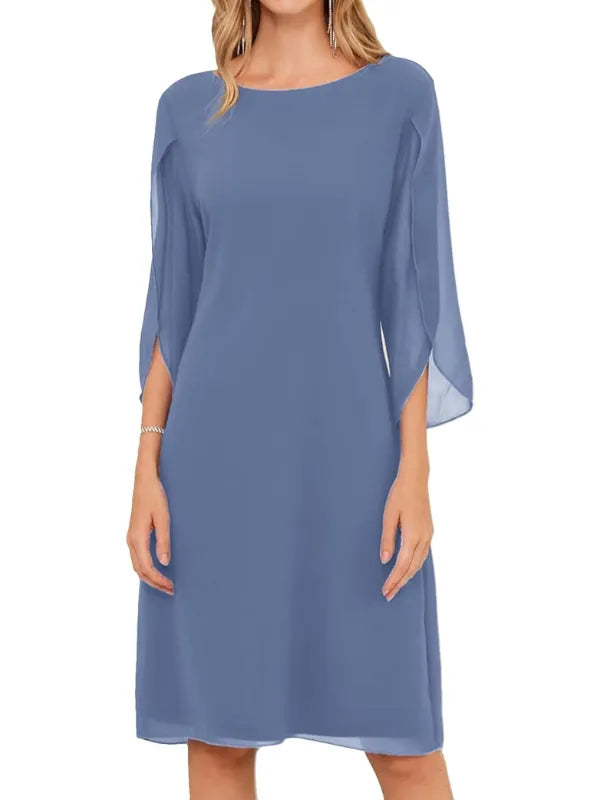 Women's Elegant Long Sleeve Midi Wedding Guest Dress with Scoop Neck