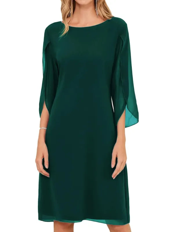 Women's Elegant Long Sleeve Midi Wedding Guest Dress with Scoop Neck