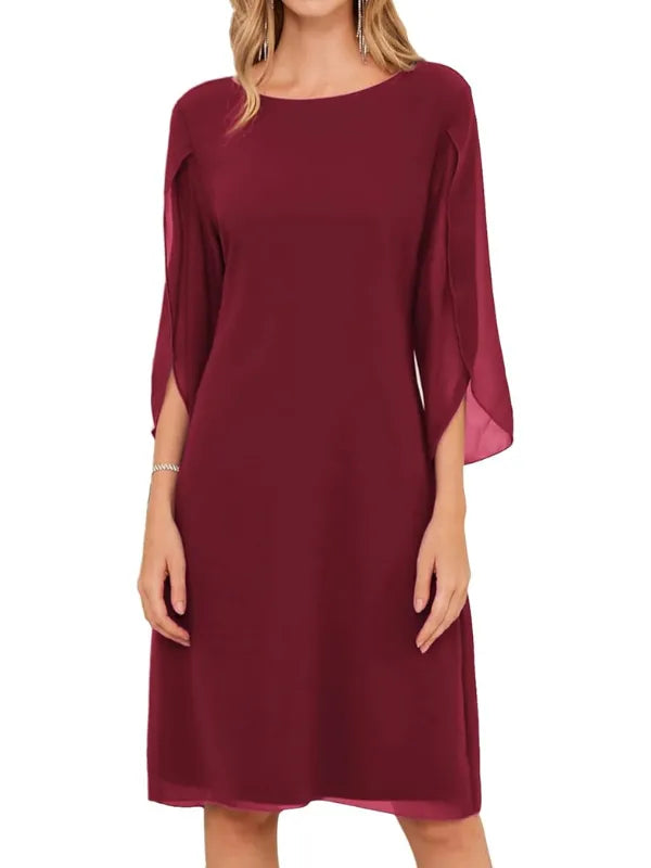 Women's Elegant Long Sleeve Midi Wedding Guest Dress with Scoop Neck