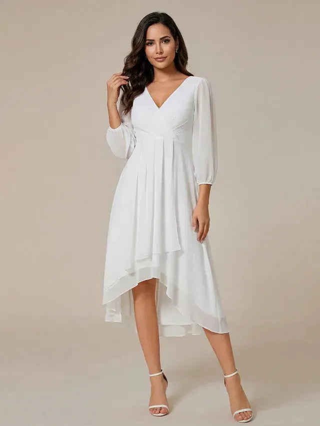 Women's Elegant Long Sleeve Midi Wedding Guest Dress with V-Neck