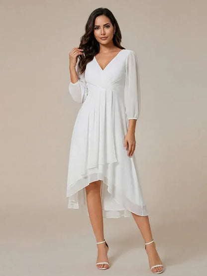 Women's Elegant Long Sleeve Midi Wedding Guest Dress with V-Neck