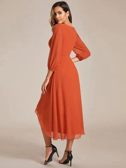 Women's Elegant Long Sleeve Midi Wedding Guest Dress with V-Neck