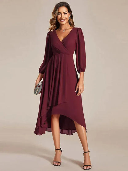 Women's Elegant Long Sleeve Midi Wedding Guest Dress with V-Neck