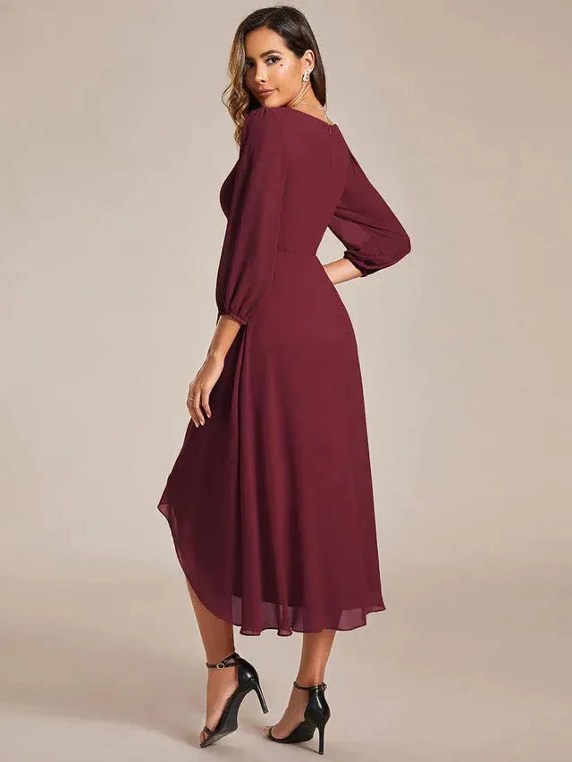Women's Elegant Long Sleeve Midi Wedding Guest Dress with V-Neck