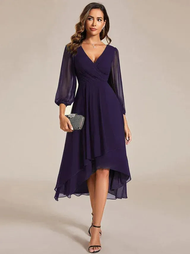 Women's Elegant Long Sleeve Midi Wedding Guest Dress with V-Neck