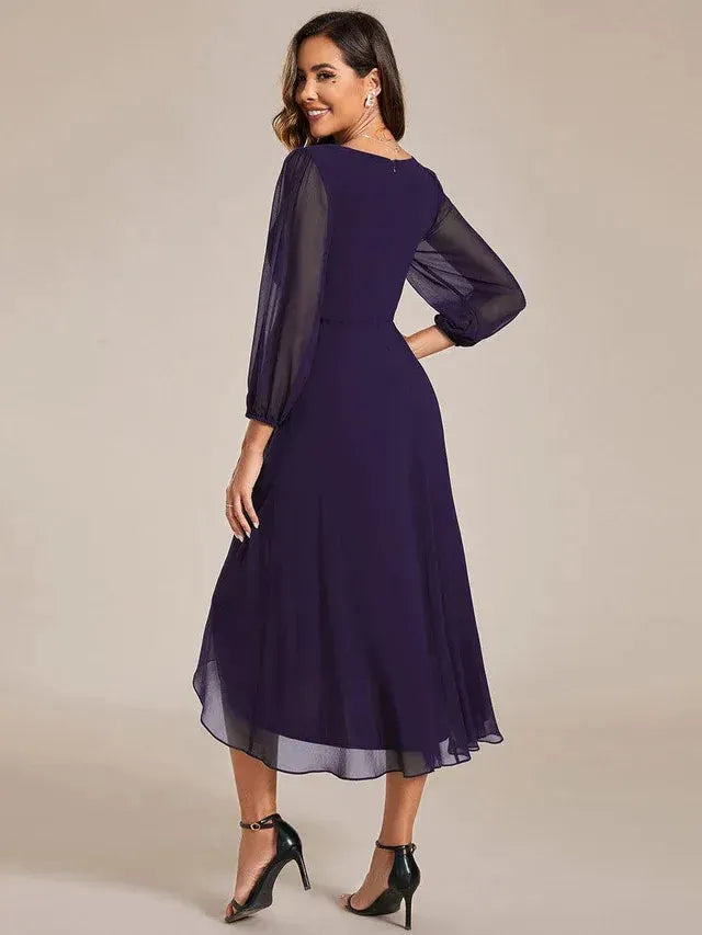 Women's Elegant Long Sleeve Midi Wedding Guest Dress with V-Neck