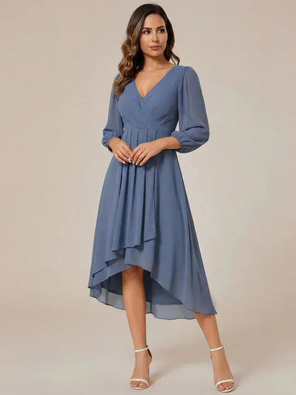 Women's Elegant Long Sleeve Midi Wedding Guest Dress with V-Neck