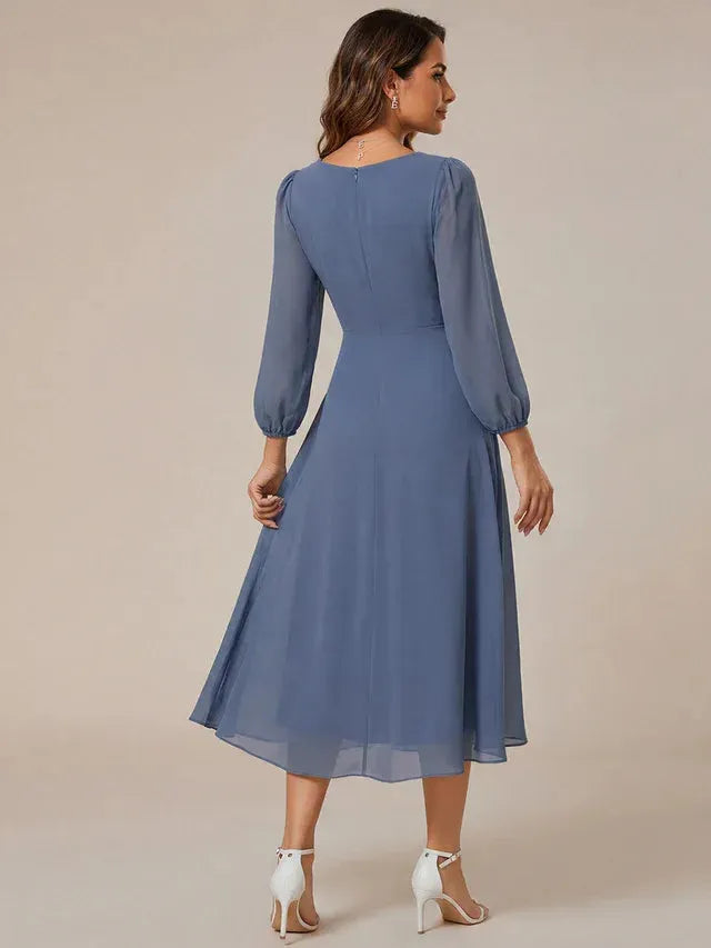 Women's Elegant Long Sleeve Midi Wedding Guest Dress with V-Neck