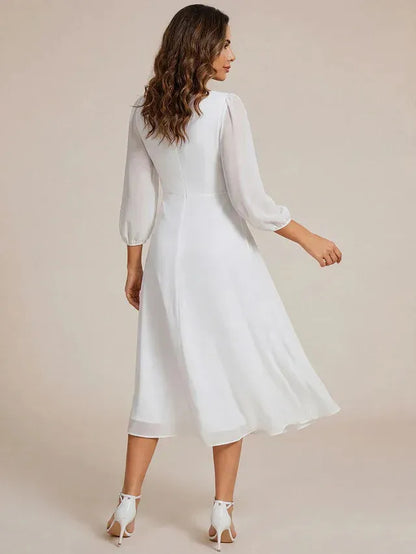 Women's Elegant Long Sleeve Midi Wedding Guest Dress with V-Neck