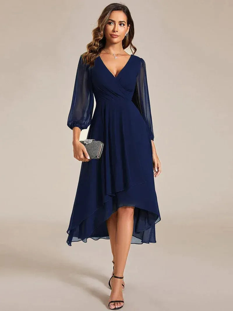 Women's Elegant Long Sleeve Midi Wedding Guest Dress with V-Neck