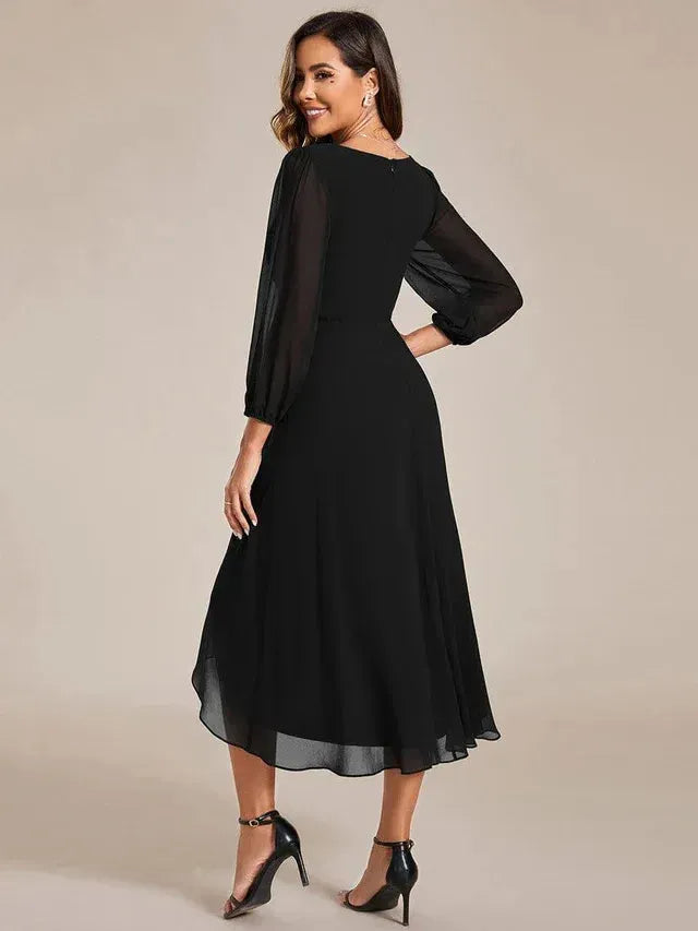 Women's Elegant Long Sleeve Midi Wedding Guest Dress with V-Neck