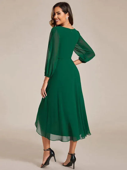 Women's Elegant Long Sleeve Midi Wedding Guest Dress with V-Neck