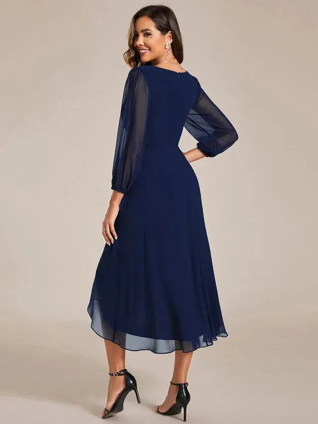 Women's Elegant Long Sleeve Midi Wedding Guest Dress with V-Neck