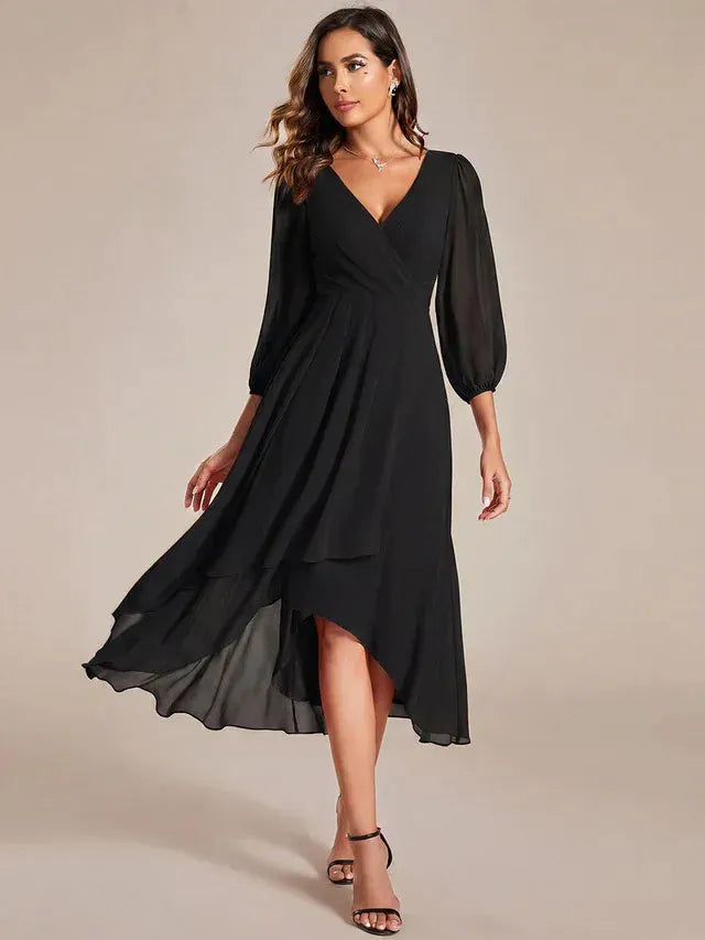 Women's Elegant Long Sleeve Midi Wedding Guest Dress with V-Neck