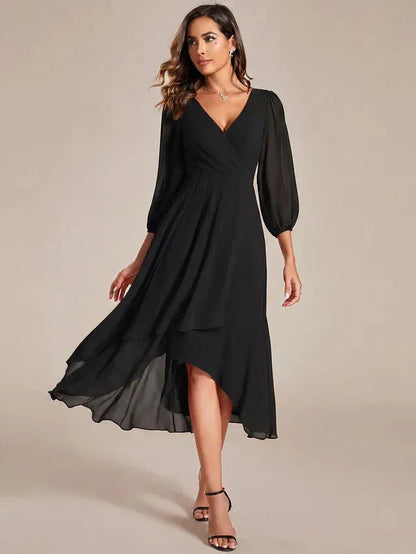 Women's Elegant Long Sleeve Midi Wedding Guest Dress with V-Neck